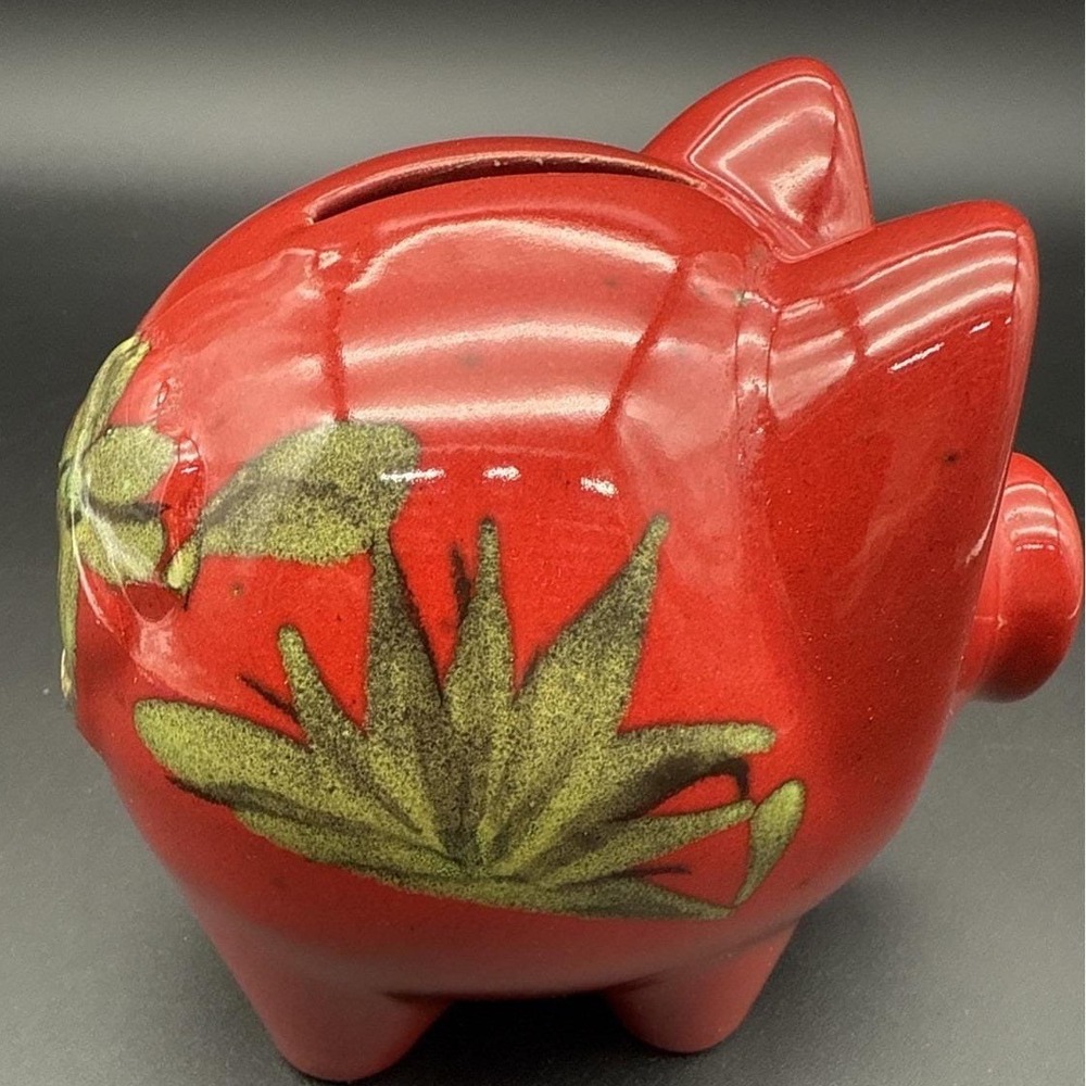 Vtg Stoneware/Ceramic Red Piggy Bank Glazed Pig Mushroom Floral 1979 Germany - Picture 5 of 10